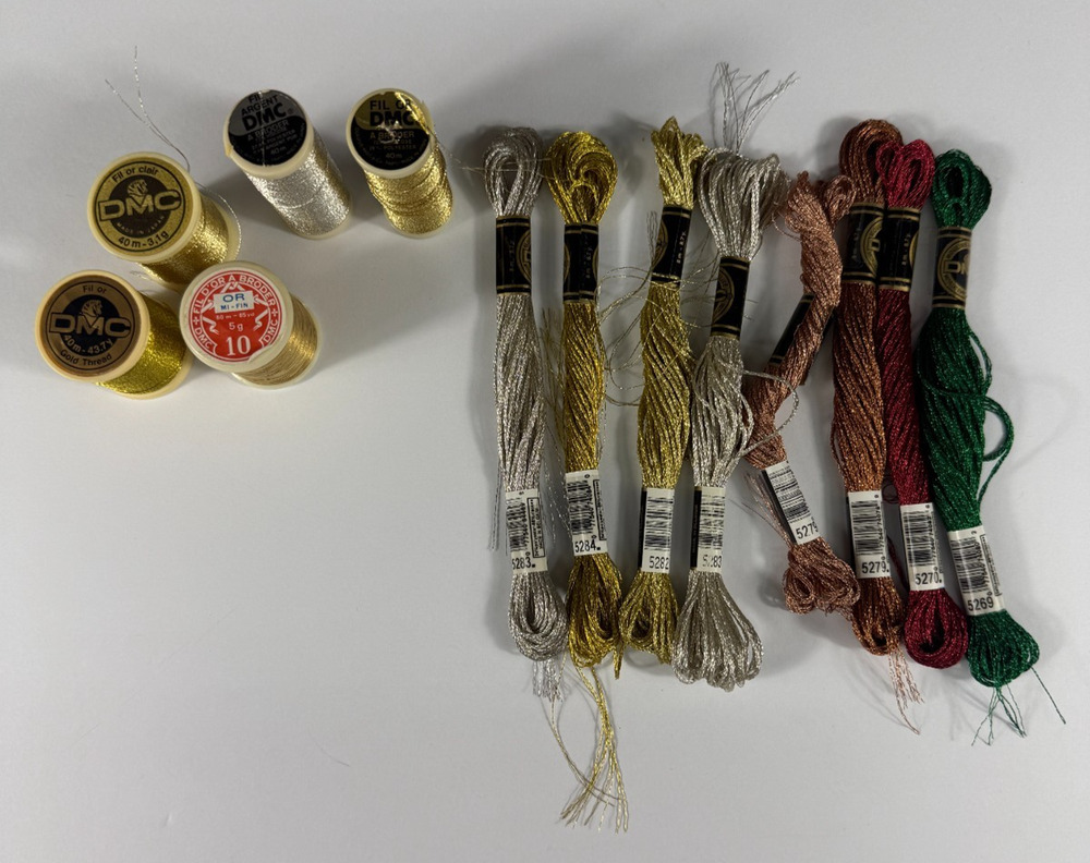 DMC Metallic Floss Skeins & Fil d'Or Metallic Thread Spools Lot Gold Silver